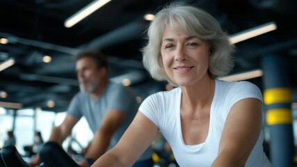 Determined older woman engaged in spinning class workout