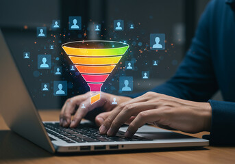 Person using laptop with a digital sales funnel and customer icons