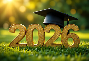 Graduation black cap on large golden glitter 2026 numbers with green bokeh background. 2026 graduate and scholarship concept
