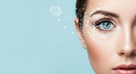 A woman's eye with digital data overlay. Biometric scanning and identity verification technology for security and personal recognition.