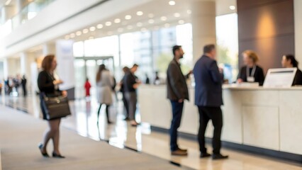 Blurred business people mingling near reception desk — corporate event welcome concept
