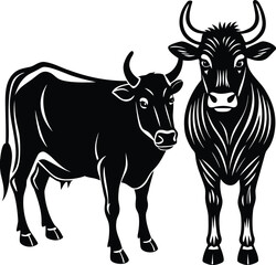Fototapeta premium Majestic Bulls Elegant Black and White Stylized Cow Illustrations