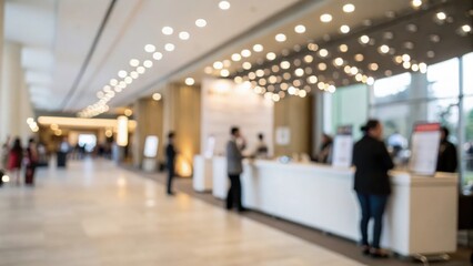 Wide shot of reception space with bokeh lighting — ambient welcome atmosphere at business event
