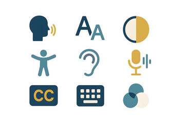 A flat-style icon set representing accessibility features like captions, keyboard input, ear, speech, and inclusive interaction. Great for inclusive design projects.
