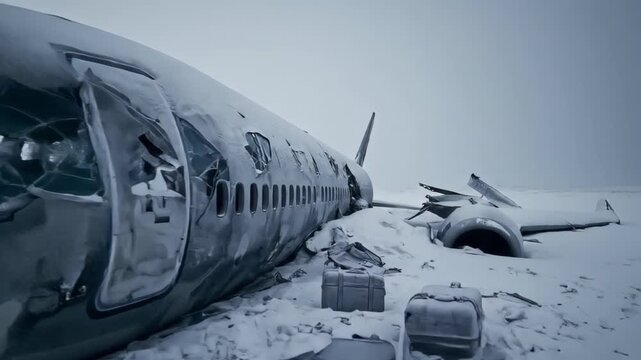 The Frozen Wreckage of a Crashed Airplane Abandoned in a Desolate Snowy Landscape, with Debris Buried in the Snow, Ideal for a Survival Movie.