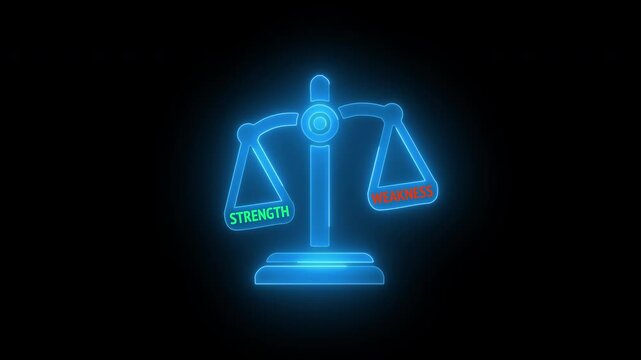 Animated neon balance scale for business analysis, weighing "Strength" vs "Weakness" on transparent background. Ideal for presentations, SWOT, strategic planning. Symbolizes evaluation and growth.