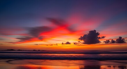Obraz premium Breathtaking Tropical Sunset Over Ocean with Fiery Sky and Cloud Reflections