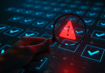 Magnifying glass focuses on red warning sign over digital checklist