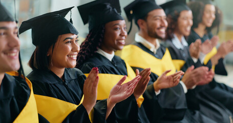 Happy woman, applause and graduation with success at college for achievement, goal or education...