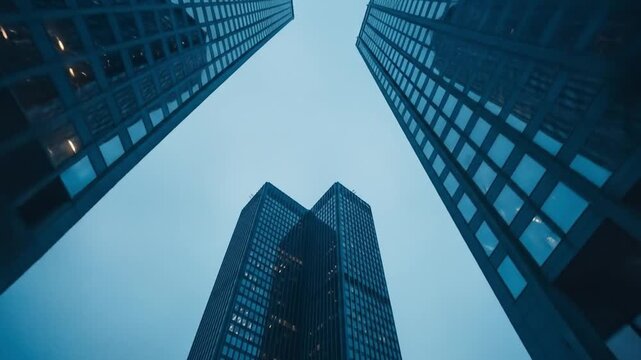 Dynamic Low Angle View of Modern Skyscrapers Against a Blue-Gray Sky, Emphasizing Urban Architecture and Corporate Scale