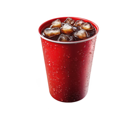 Refreshing iced cola drink in a red cup with water droplets isolated on transparent background
