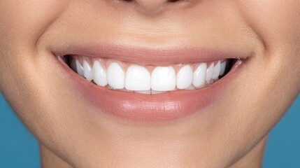 Obraz premium Close-up of healthy white teeth with clean gums against a blue gradient background.