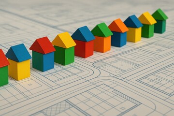 Colorful Toy Houses on Blueprint Map Illustrating Urban Planning Trends in Housing Market Analysis