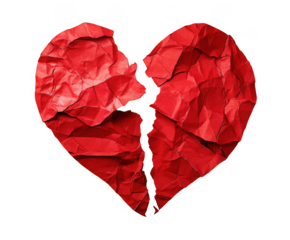 Crushed red paper heart symbolizing sadness and broken relationships isolated on transparent background