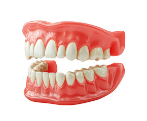 Obraz premium Realistic 3d rendering of a full set of dentures showing upper and lower jaw with missing tooth isolated on transparent background