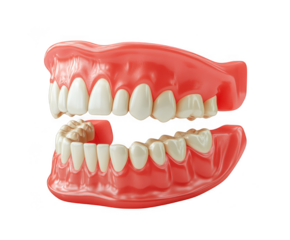 Realistic 3d rendering of a full set of dentures showing upper and lower jaw with missing tooth isolated on transparent background