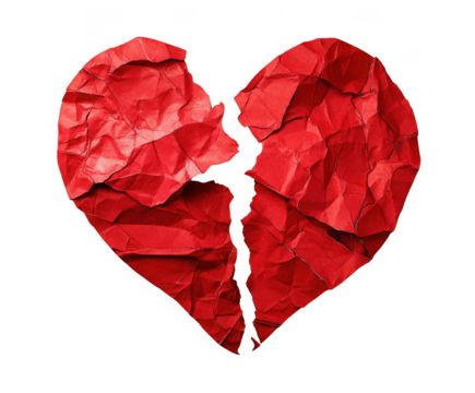 Crushed red paper heart symbolizing sadness and broken relationships isolated on transparent background