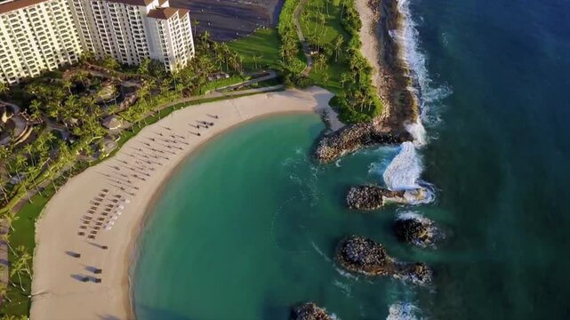 Stunning aerial view of Ko Olina Resort on Oahu, Hawaii, showcasing palm trees, and coastline