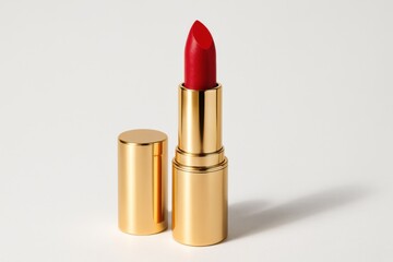 Luxurious Red Lipstick in Golden Tube Isolated on White Beauty Product Elegant Setting Close-up Glamour Concept
