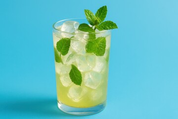 Refreshing Summer Drink with Ice Cubes and Mint Leaves in Bright Blue Background