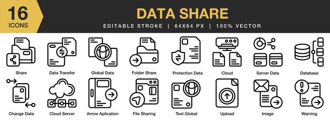Data Share icon set. Editable Stroke Icon Collection. Includes data, share, cloud, upload, download, and More. Outline icons vector collection.