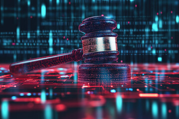 Judges gavel hovers in a high-tech, virtual space, symbolizing the enforcement of cybersecurity laws and regulations within an abstract technological environment