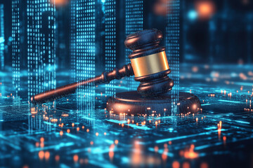Representing cybersecurity law enforcement, the digital gavel is a symbol within a high-tech virtual space