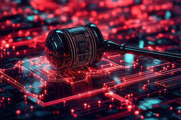 A digital gavel surrounded by glowing circuits, symbolizing the intersection of law and technology in a modern, high-tech judicial environment