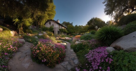Panoramic 360 degrees hdr view of a serene garden landscape nature hdri environment