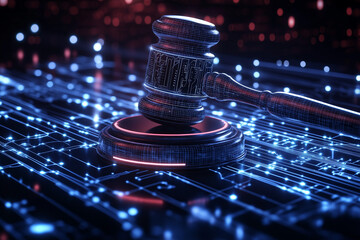 Futuristic gavel striking cyber table with penalty symbol digital courtroom high-tech environment