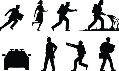 Silhouettes of People and Objects Including Police Firefighter and Car