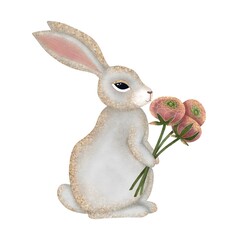 A watercolor illustration of a light gray rabbit holding a bouquet of three soft pink ranunculus flowers (stems only) in its front paws on a white background. This charming design combines whimsy and