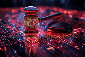 Futuristic gavel striking cyber table with penalty symbol digital courtroom high-tech environment