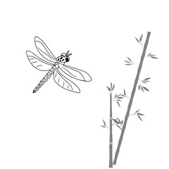 Minimalist vector illustration of a dragonfly and bamboo in a clean, hand-drawn style. Perfect for eco-friendly packaging, children’s designs, nature-themed decor, stickers, or branding materials