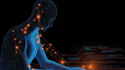 Stylized illustration of a data scientist analyzing complex algorithms, glowing data points, and statistical models with code lines, set against a dark background with bright highlights