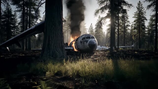 The Burning Wreckage of a Crashed Airplane in a Dense Forest, with Smoke Rising Among the Trees at Sunset, Ideal for a Survival Thriller Movie Scene.
