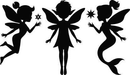 Black Fairy Silhouettes with Wings and Stars on White Background