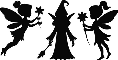 Black Silhouette Fairies and Witch with Flower Wands on White Background