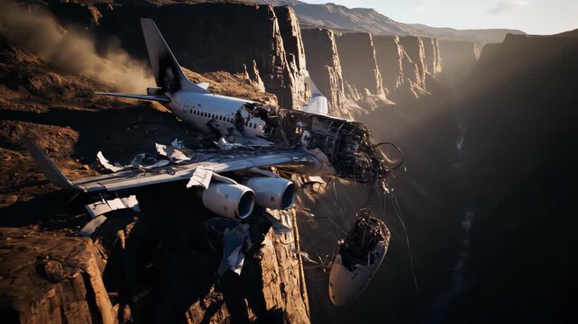 The Spectacular Wreckage of a Passenger Jet Crashed and Wedged into a Steep Rocky Canyon Wall at Sunrise, Ideal for an Action-Adventure Movie.