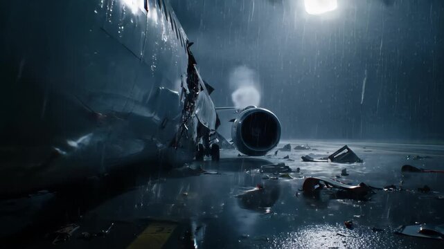 A Destroyed Aircraft Engine on a Rainy Runway at Night, with Lightning Strikes Creating a Tense and Dangerous Atmosphere for a Film Scene.