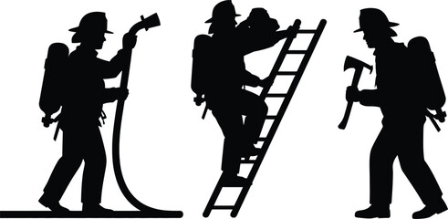 Fototapeta premium Black Silhouettes of Firefighters with Equipment on White Background