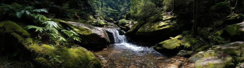 Fototapeta premium Panoramic 360 degrees hdr nature landscape with stream in lush forest environment
