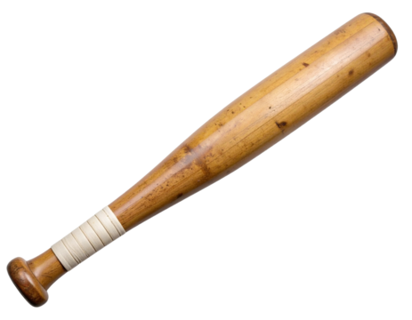 Worn Wooden Baseball Bat with Scuff Marks and Tape-Wrapped Handle, Flat Lay Style, Transparent PNG
