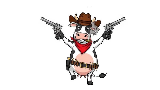 cartoon cowboy cow character holding two guns. Dressed with a hat, bandana, and cigar, ready for a wild west duel. Isolated on white.