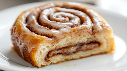 Fototapeta premium Close-up of a Glazed Cinnamon Roll on a White Plate