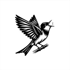 Naklejka premium Black Silhouette of a Bird Singing on a Branch.