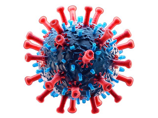 3D illustration of virus cell with red spike proteins and blue receptors, representing infectious disease, global health, and microbiology concepts on a black background.