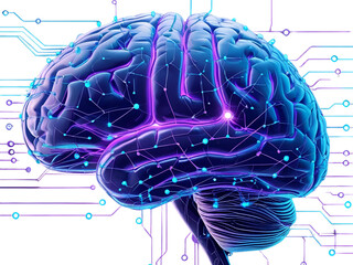 A vibrant 3D rendering of a human brain illuminated with neon blue and purple neural network connections on a black background, symbolizing artificial intelligence, data, and future technology.