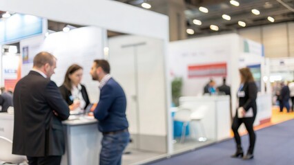 Blurred Trade Show Booth Interaction — Business reps engaging with visitors in motion
