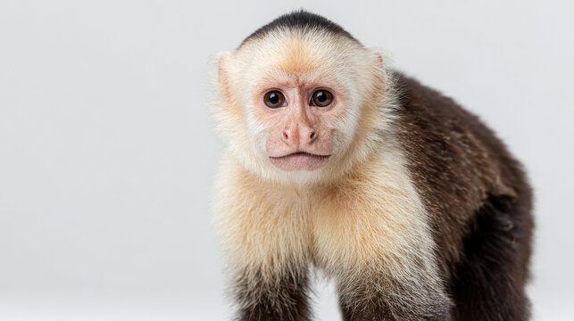 Cute white faced capuchin monkey looking forward isolated on white background ideal for wildlife education ads and monkey themed projects